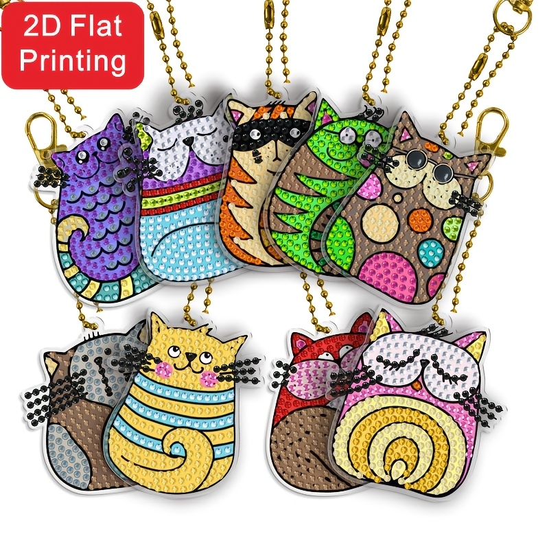 TEMU Ensemble de 9 pièces avec impression 2D/plate, ensemble de porte-clés chat créatif, coloré et amusant, peinture diamant à couverture complète,