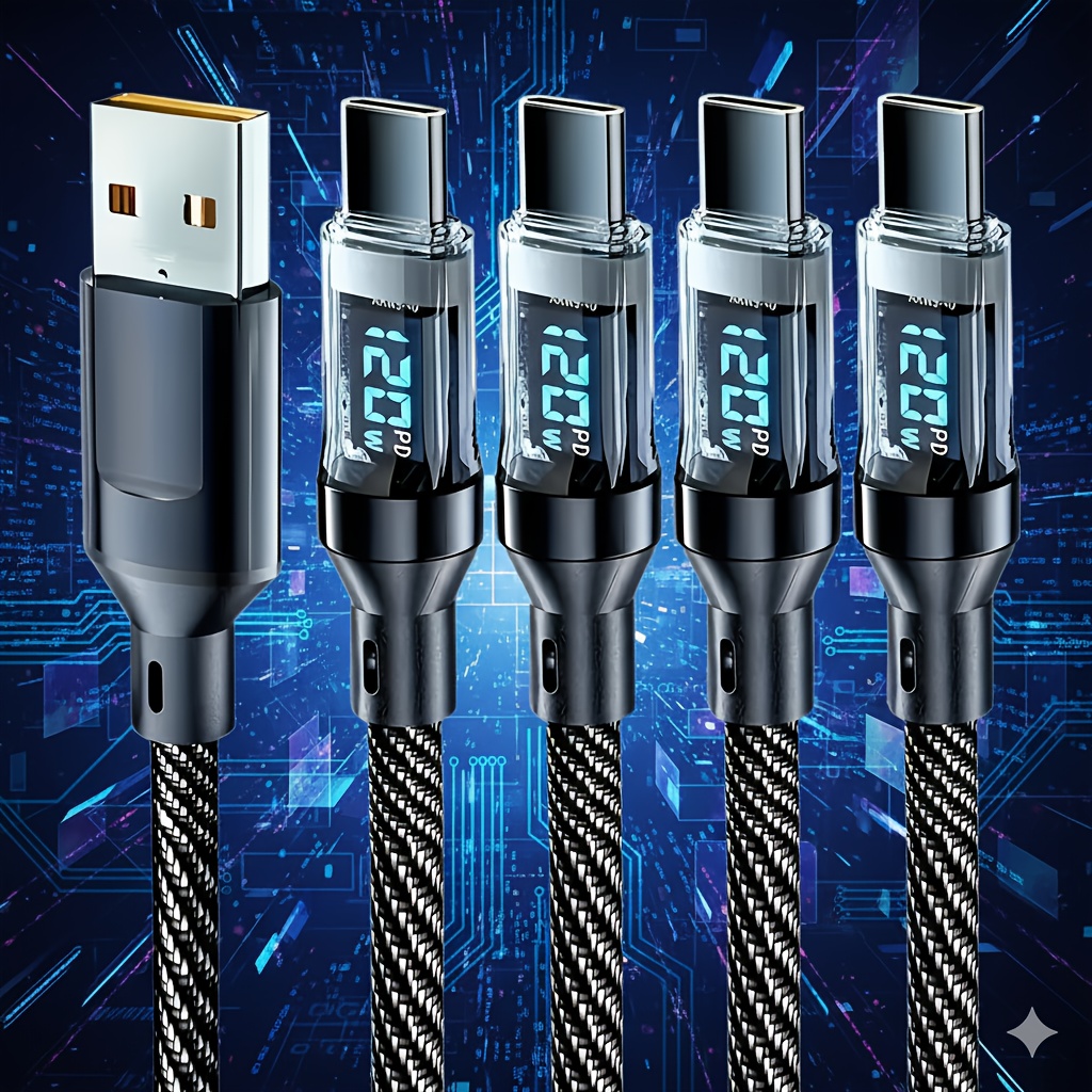 4pcs 120w usb to type c fast charging cable with   pd type c to type c cord for iphone 15 16 pro   ipad modern cable design   charging super fast charge   fully compatible   support led screen