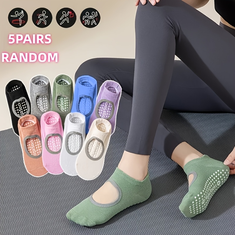 TEMU 5 Calzini Yoga da Donna Stile Versatile Casuale Bocca Cavo a U Senza Schiena Antiscivolo, Suola Intera con Perline di Silicone per Stabilit� e