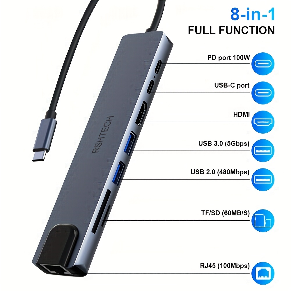 RSHTECH 8-in-1 Type C HUB Adapter - 4K HDTV, USB 3.0 5Gbps High-Speed Data Transmission, SD/TF Card Reader, RJ45 Ethernet, PD 100W USB C Docking Station for Mobile Hard Disk, Keyboard, Mouse, Digital Camera, Printer, Webcam, SD/TF Card