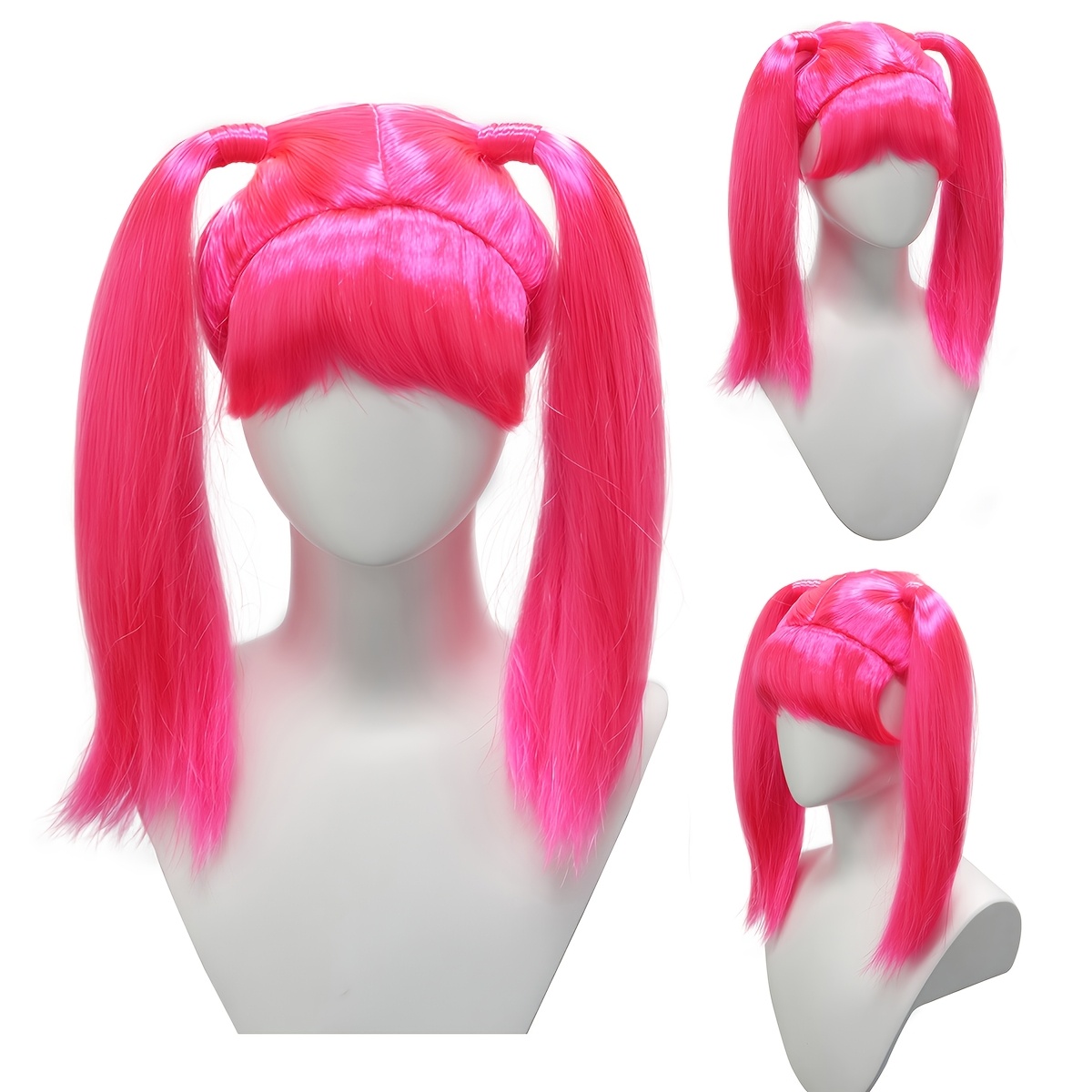 TEMU Cute Pink Pigtail Wig For, 16 Inch Long Straight Synthetic Hair, Heat Resistant, For Cosplay, Daily & Holiday Party