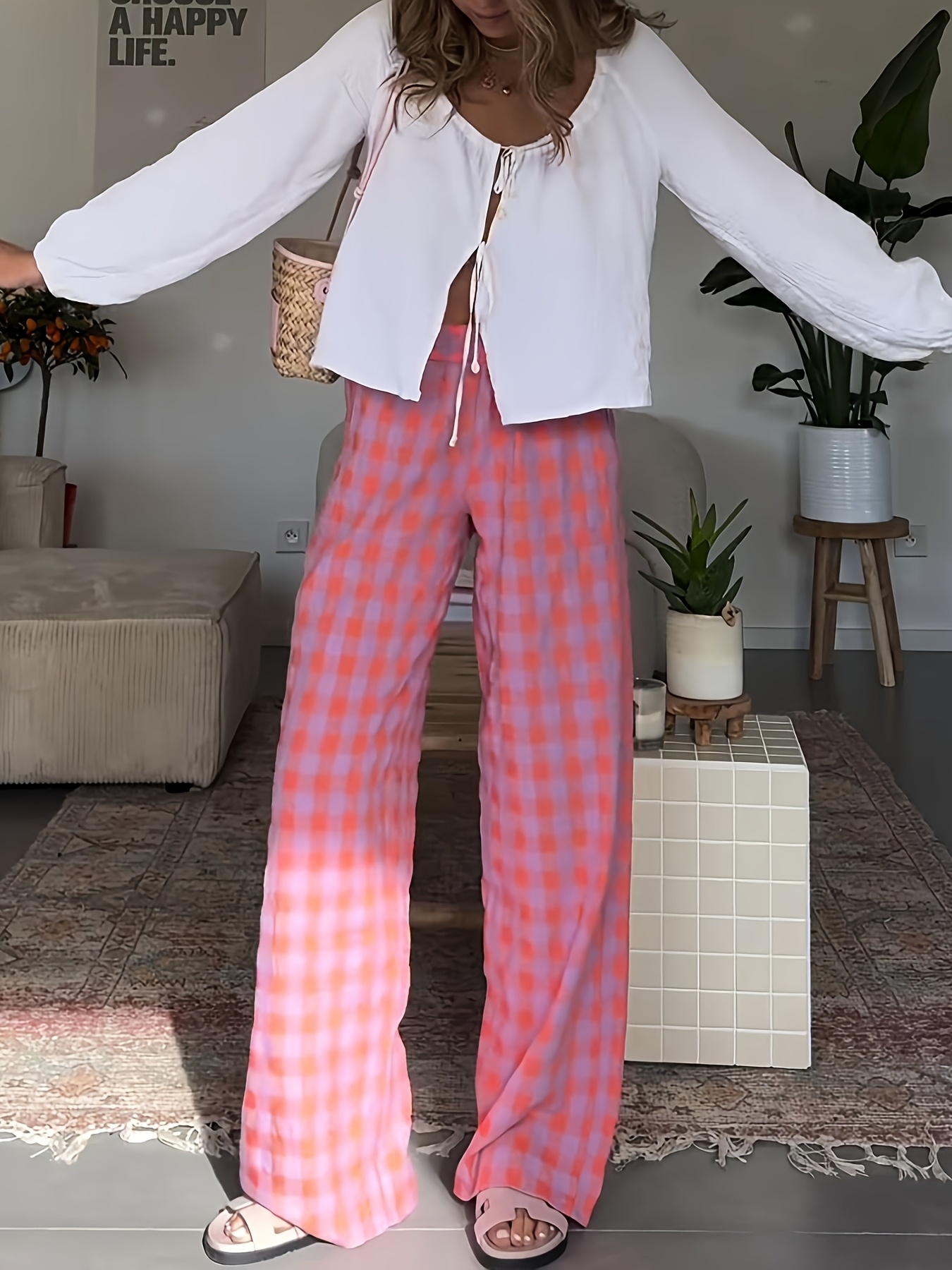 women's elegant checkered wide leg pants high waisted Temu Germany