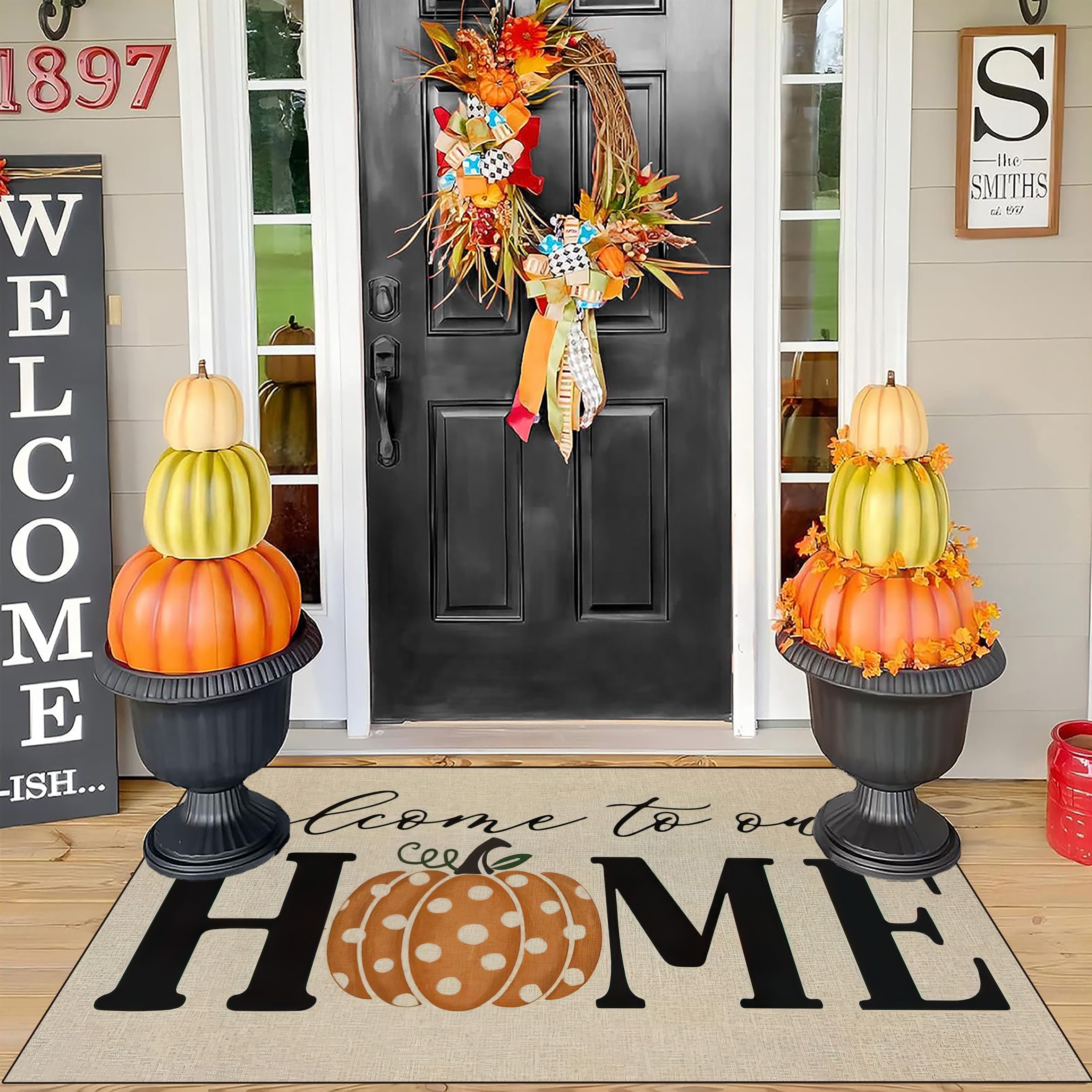 

Festive Pok Dot Green Vine Pumpkin Welcome Mat - 60cm/23.6in, 80cm/31.5in, 50cm/19.7in, 40cm/15.7in - Machine Washable Polyester Door Mat For Indoor And Outdoor Use - Thanksgiving, Fall Decor