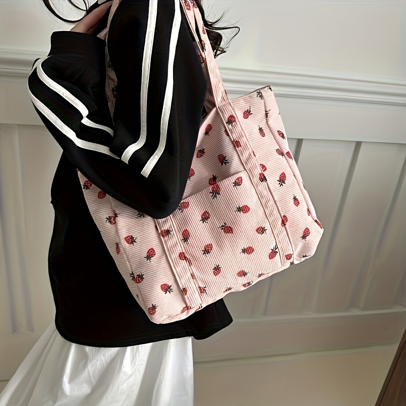 

Large Capacity Tote Bag, Cute Strawberry Pattern Shoulder Bag, Corduroy School Handbag For Women