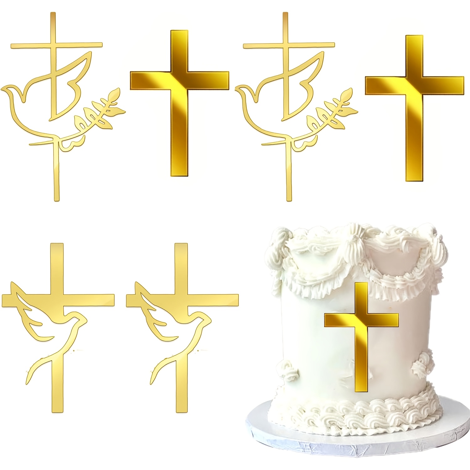Image of 6pcs Acrylic Baptism Cake Topper Mirror Acrylic Cross Cupcake Toppers First Communion Cake Decorations For Baby Shower Birthday Christian Party Decorations