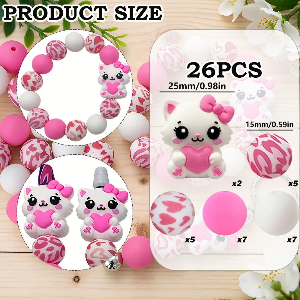 TEMU 26pcs Pink Heart Kitten Silicone Bead Jewelry Making Kit 3d Cute Kitten Silicone Beads For Pen Charms/phone Lanyard Making | Craft Supplies For