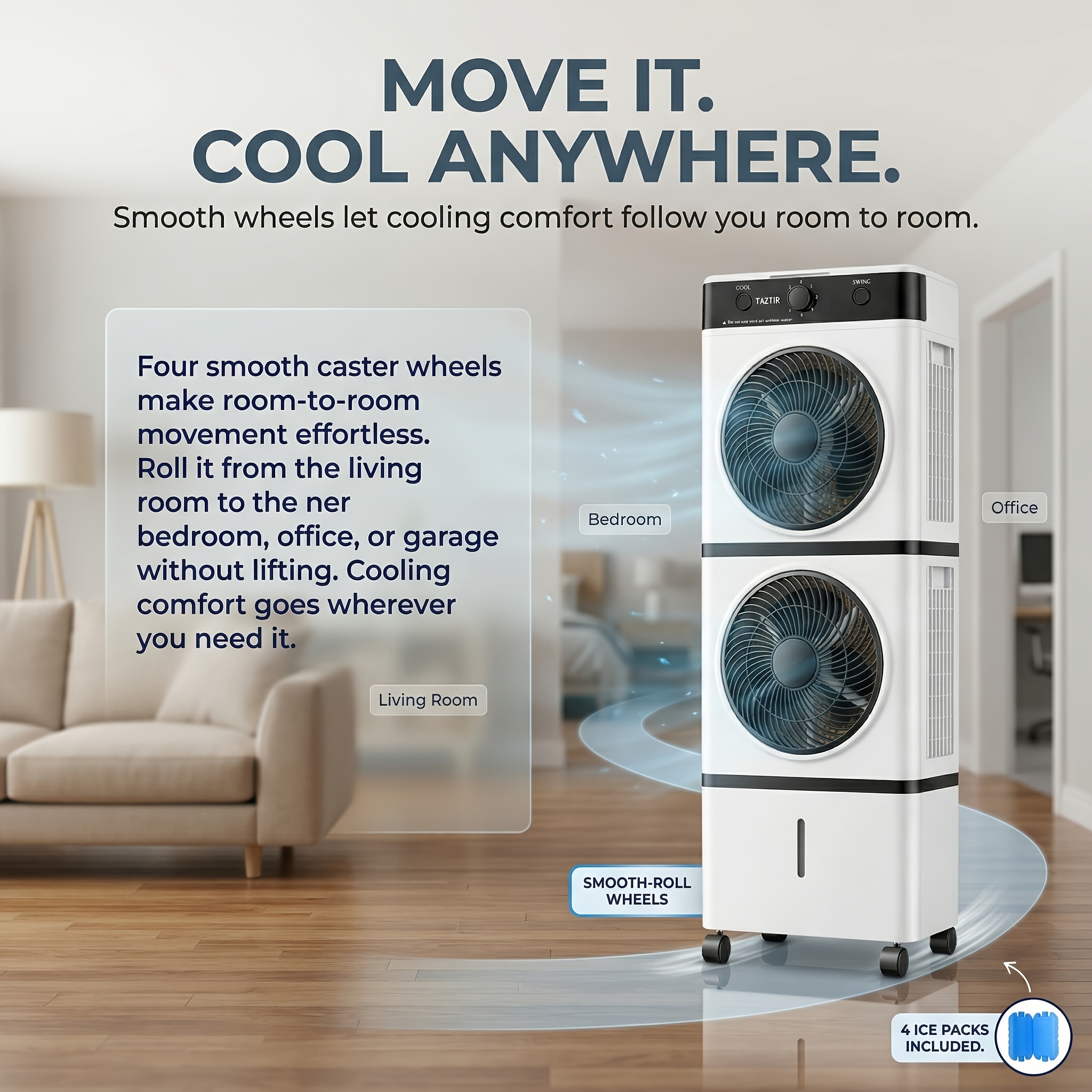 Portable Dual-Head Air Cooler Fan, 24Ft Reach, 2 Modes, 3 Speeds,... product image 5