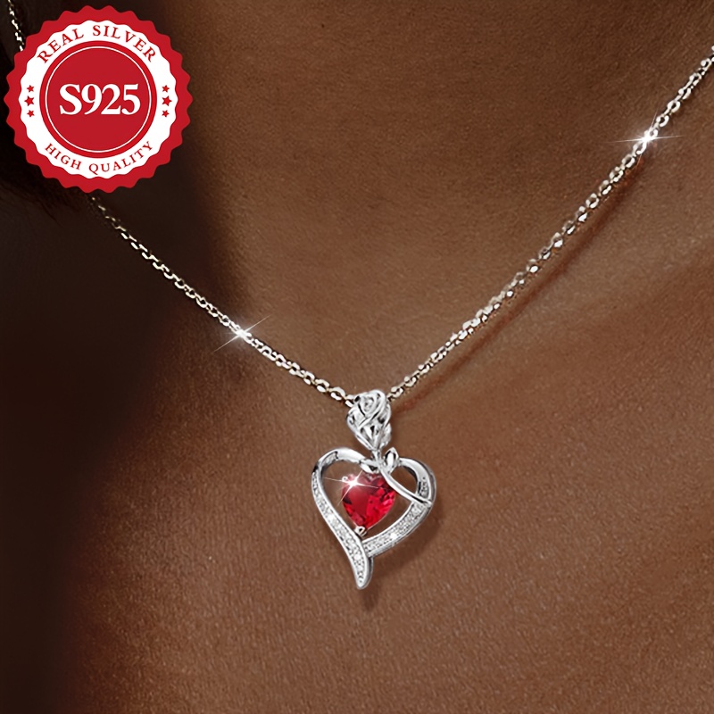 

925 Sterling Silvery Rose Inlaid Red Zirconia Women's Love Pendant Necklace - Perfect Gift For Lover