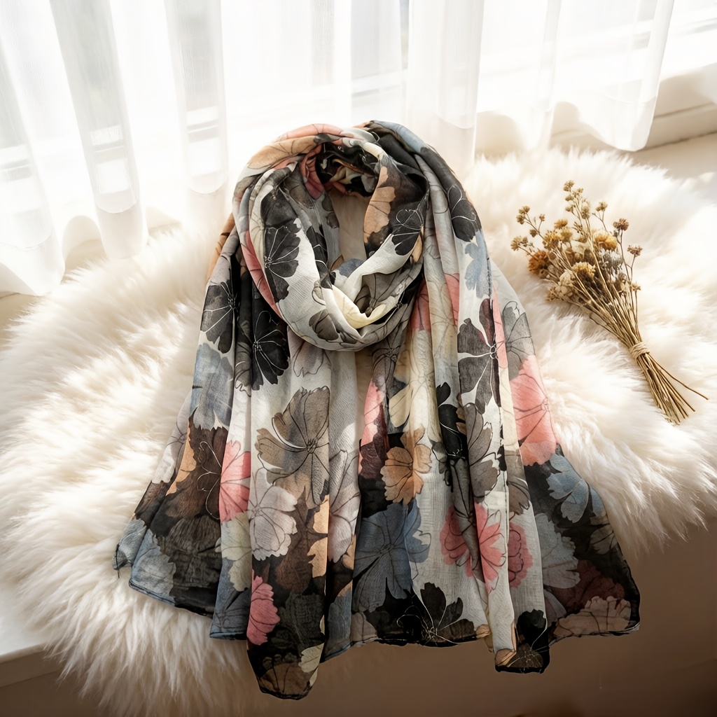 TEMU 1 Bali Yarn Floral Print Women's Scarf, Lightweight And Breathable Shawl, Elegant And Stylish Design Women's Scarf, Beach Towel, Dress Headscarf