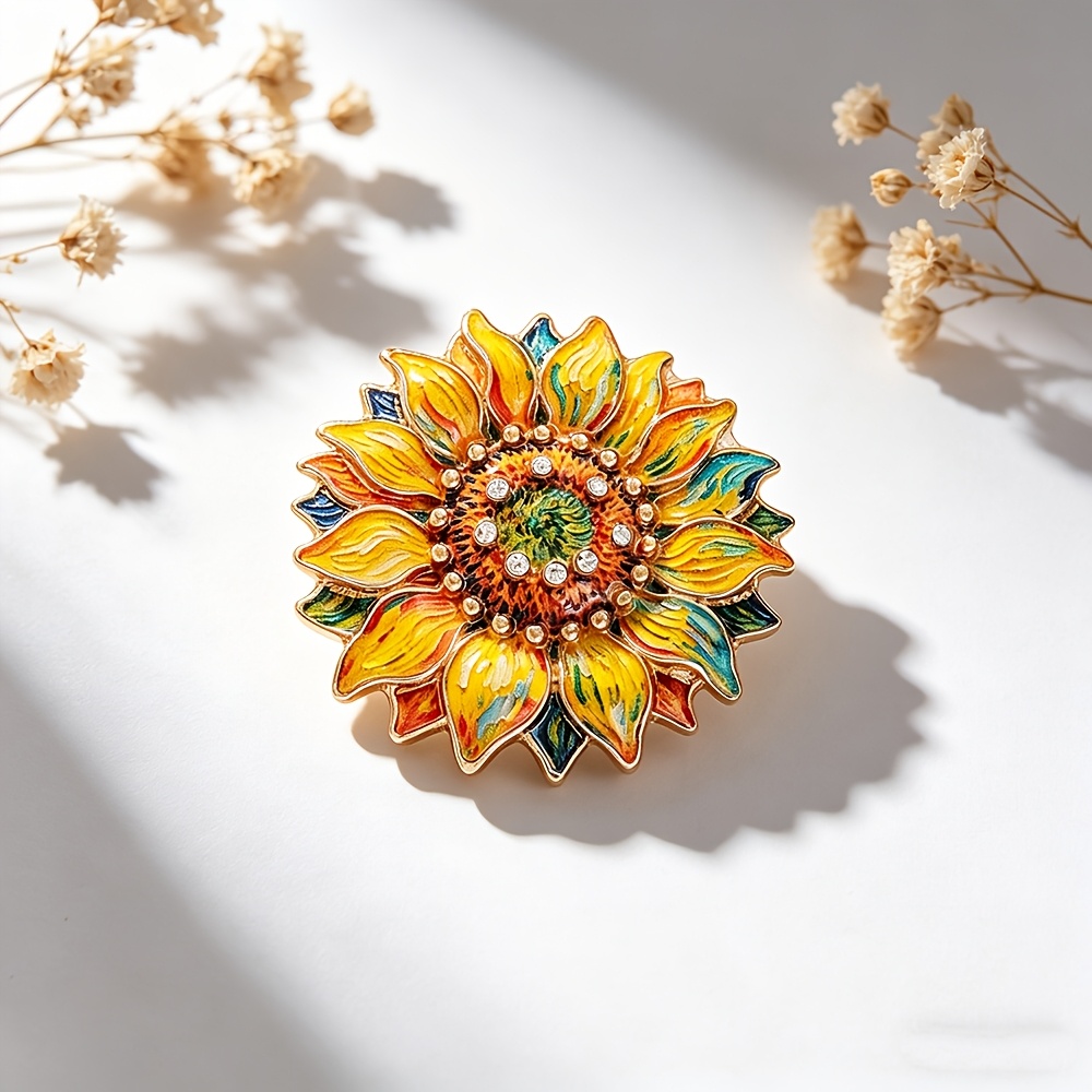 TEMU 1pc Solevdo Van Sunflower Brooch Pin - Enamel Lapel Collar Accessory With Iconic Sunflower & Tassel, Vintage Dutch Artist Jewelry Suitable For