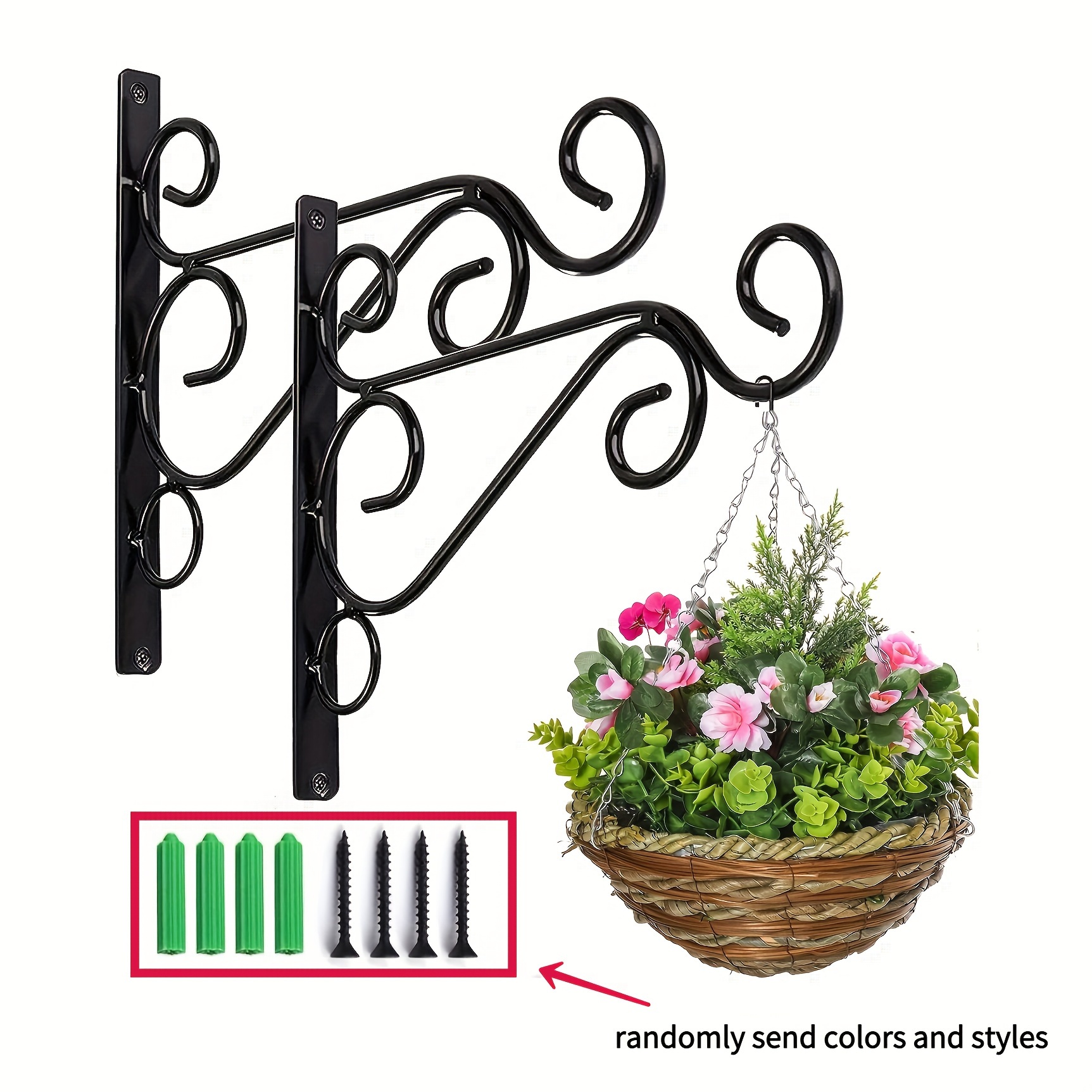 

2pcs Iron Plant Hanger Wall Hooks, Hanging Basket Brackets, Wrought Iron Brackets For Lantern, Planter Flower Hanger Fence, Black