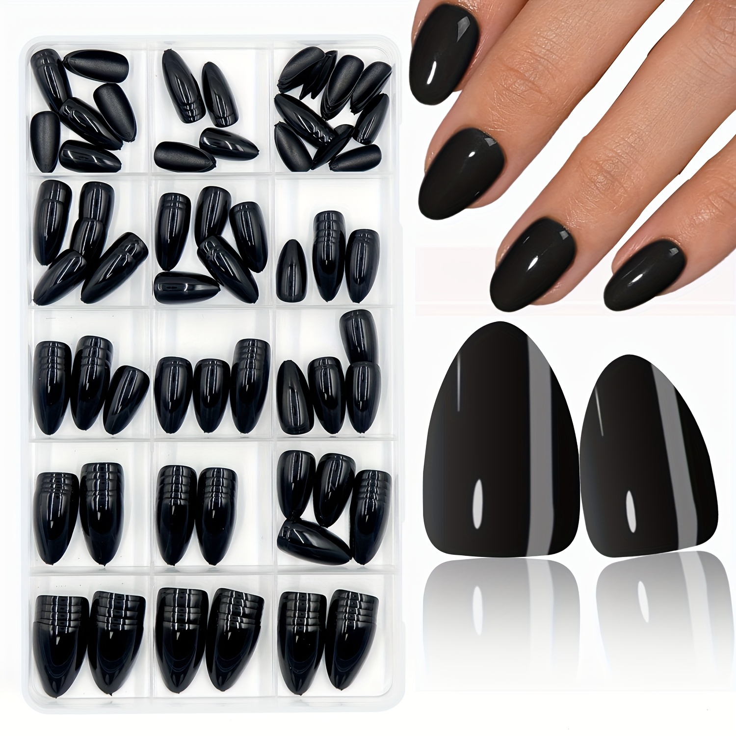 Image of 160pcs Black Press On Nails Almond, Short Fake Nails Glossy Acrylic False Nails Reusable Full Cover Stick On Nails For Women, 16 Sizes, Thicker Fingertips Artificial Nails