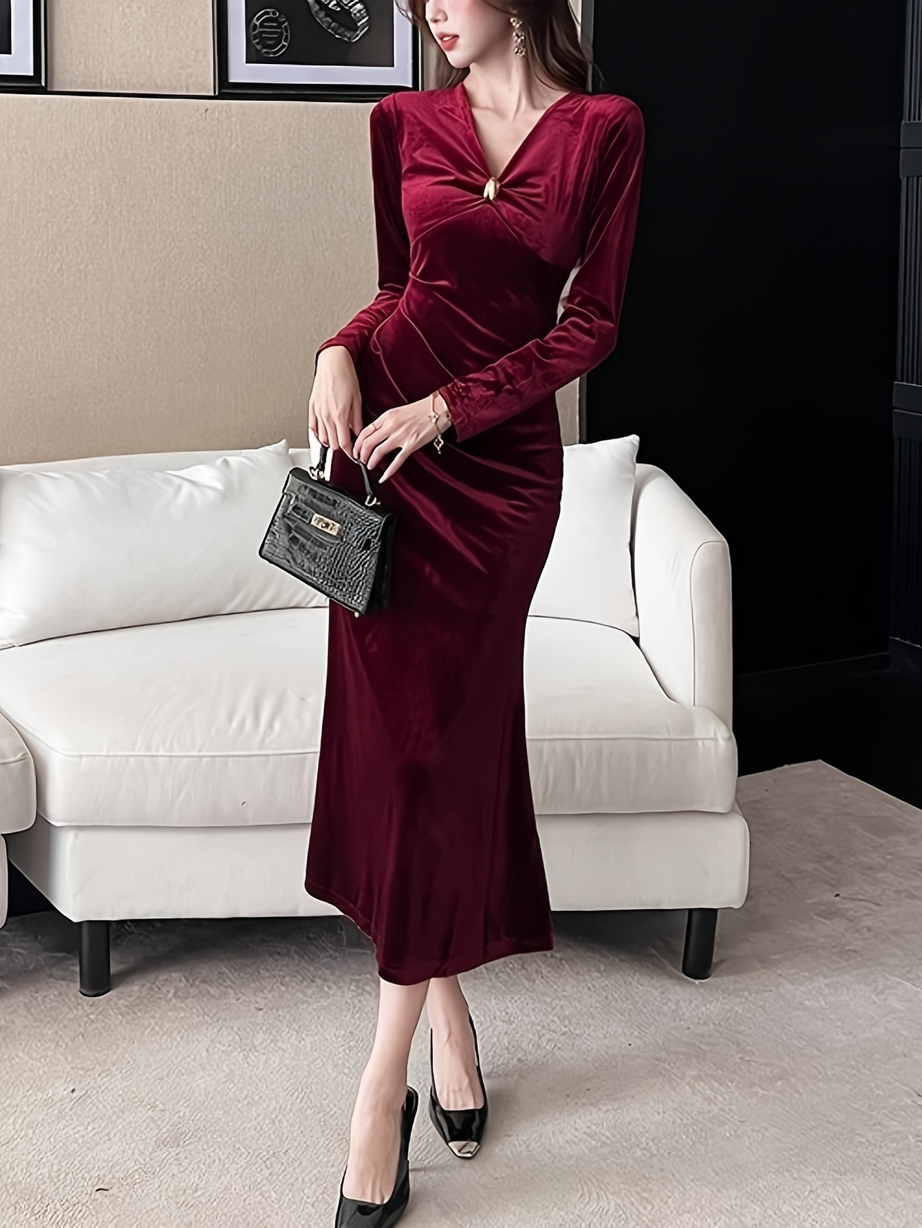 autumn v neck velvet dress women elegant evening - Temu Finland