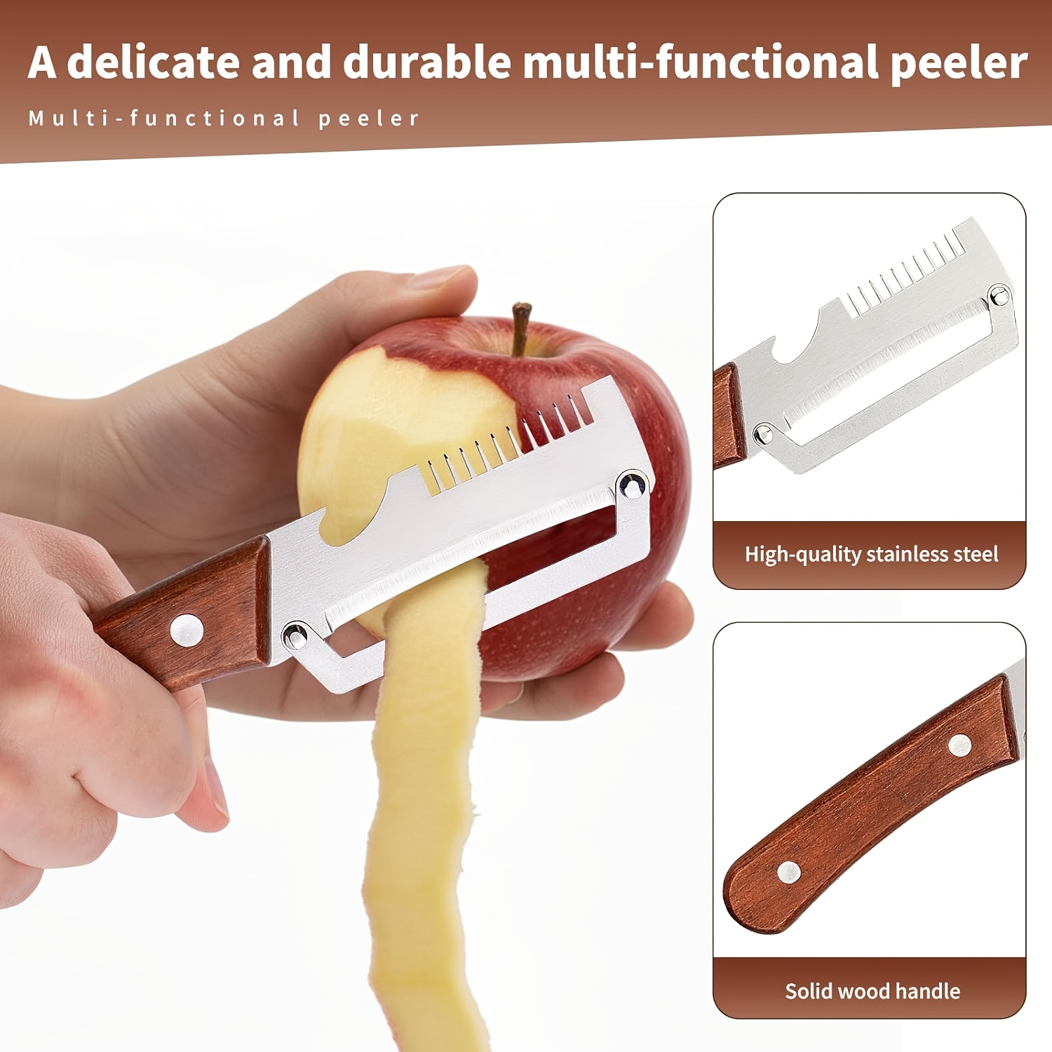 2 pack stainless steel peeler with wooden handle 3 in 1 multifunctional kitchen tool for peeling fruits vegetables scaling fish and opening bottles portable for camping outdoors