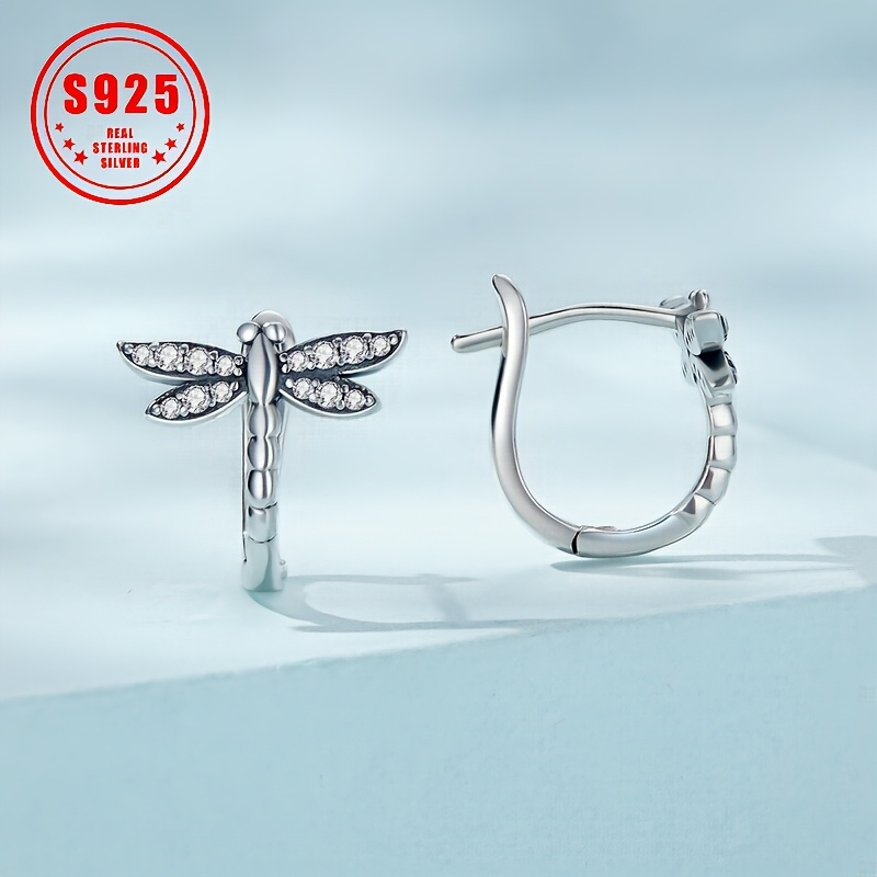 

Sterling Silver 925 Dragonfly Hoop Earrings With Cubic Zirconia, Elegant , Casual Or Valentine's Day Gift.