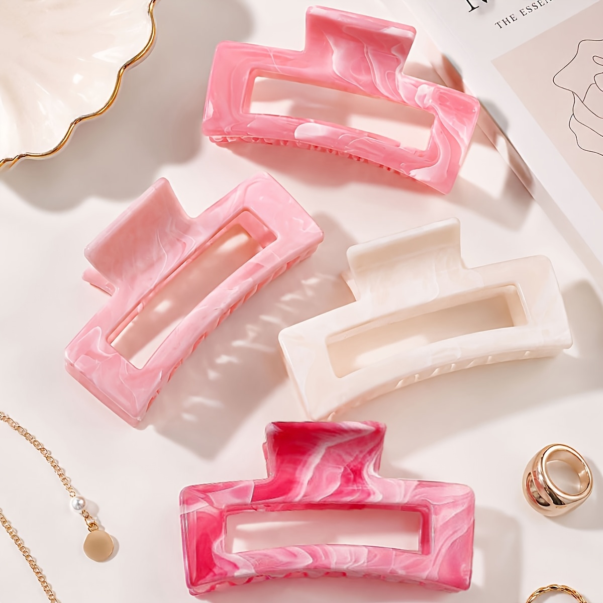 TEMU 4pcs Chic Bohemian Style Pink Marble Pattern Hair Claw Clips, Glossy Minimalist Square Hair Additions, Versatile For Daily Wear, Spring/summer