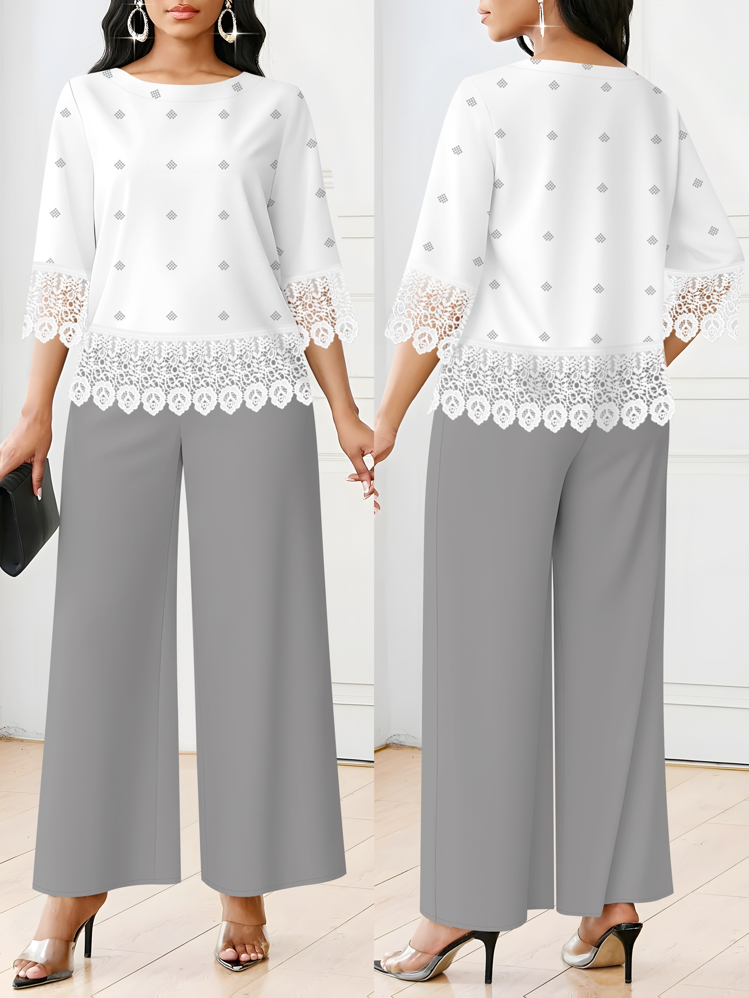 item picture plus size plus size womens suit elegant and casual geometric print lace splicing three quarter sleeve top and solid color elastic waist pocket loose trousers 2pcs set suitable for going out commuting   daily wear beautiful plus size