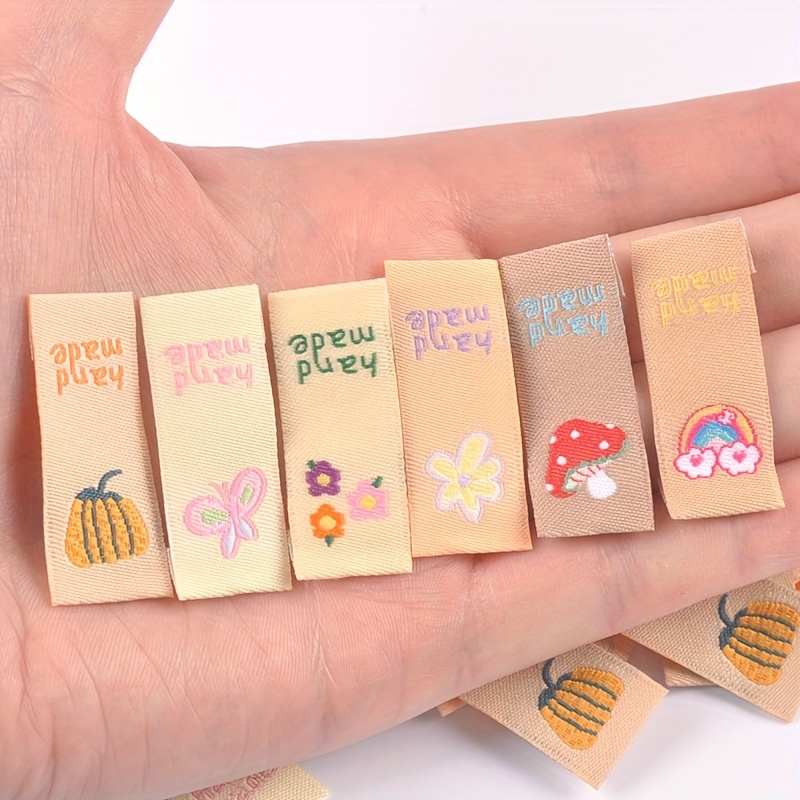 Image of 50pcs Cute Handmade Embroidered Fabric Labels - Assorted Mushroom, Banana, Flower, Rainbow & Designs For Diy Sewing, Clothing, Bags & Hats