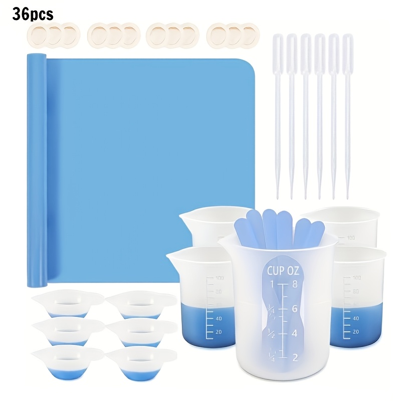 Image of 36pcs Complete Silicone Resin Mixing Kit With 20.29oz, 8.45oz, 3.38oz Cups & Stir Sticks - Durable Epoxy Measuring Tools, Measuring Cups, Resin Supplies