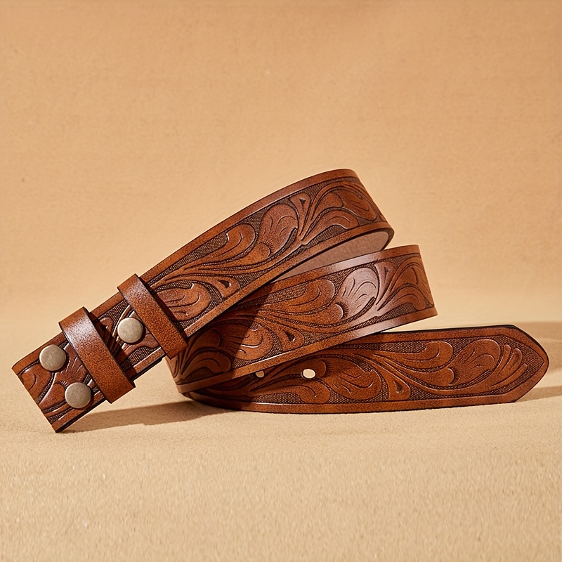 TEMU Cinturón Vaquero - Cinturón Vintage sin Hebilla para Pantalones Informales, Cinturón de Calidad de 1.5" de Ancho con Grabado, Regalo para Esposo