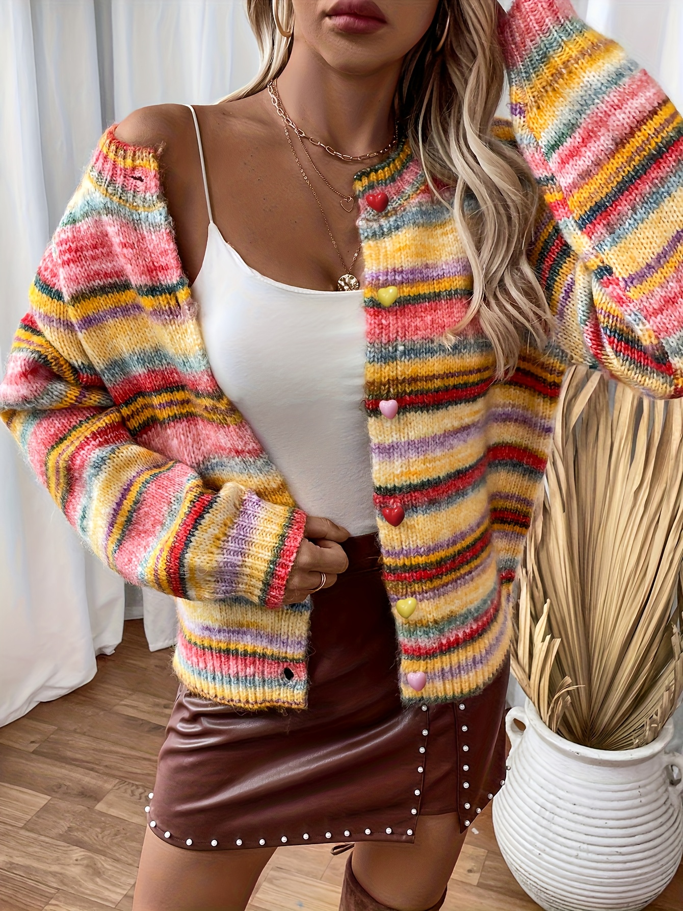 womens elegant rainbow striped button front cardigan soft Temu