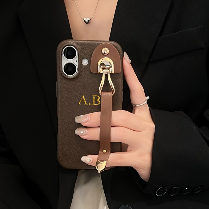 TEMU Phone Case: Personalized Letters Pattern Faux Leather Wristband Phone Case For Iphone 16 15 14 13 12 11 Pro 15 Plus Shockproof Protective Cover