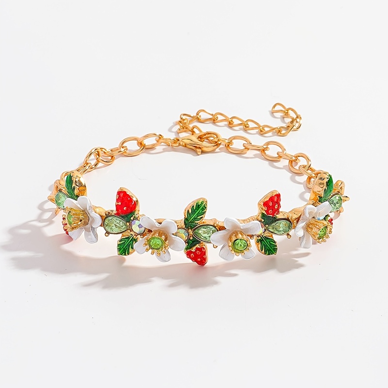 TEMU Hand-painted Enamel Strawberry Flower Bracelet For Women Inlaid Rhinestone Fruit Floral Bangle Sweet Fresh Cute Design Elegant Statement Jewelry