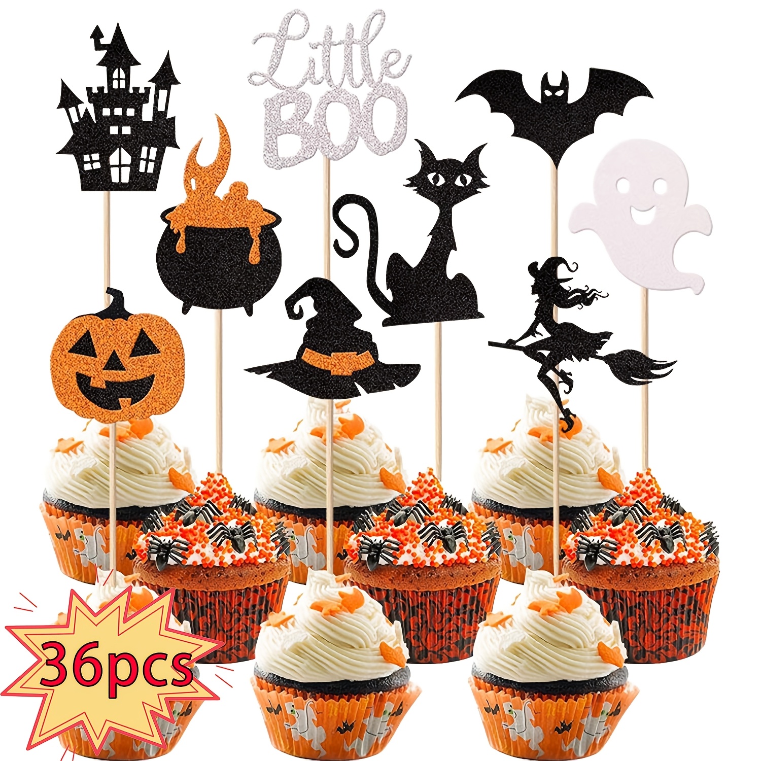 Image of 36pcs Halloween Cupcake Toppers Glitter Bat Little Boo Cupcake Picks Witch Hat Spooky Cake Decorations For Halloween Theme Baby Shower Birthday Party Supplies