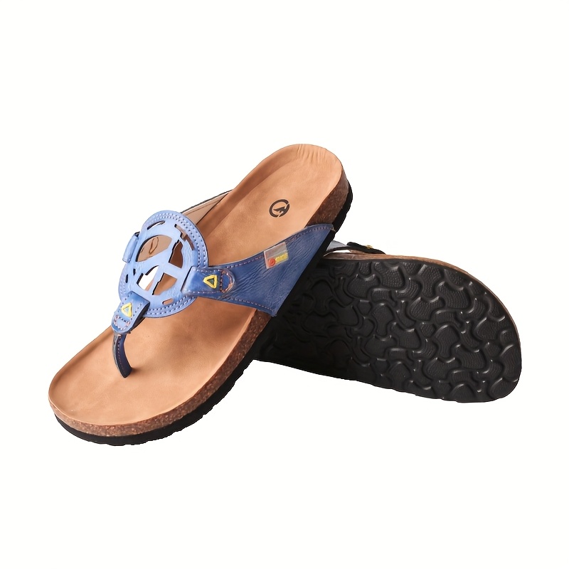   womens summer handcrafted anti slip comfortable casual hollow flip flops genuine leather upper insole eva sole split toe design beige with green stitching ladies sandals Product details 1