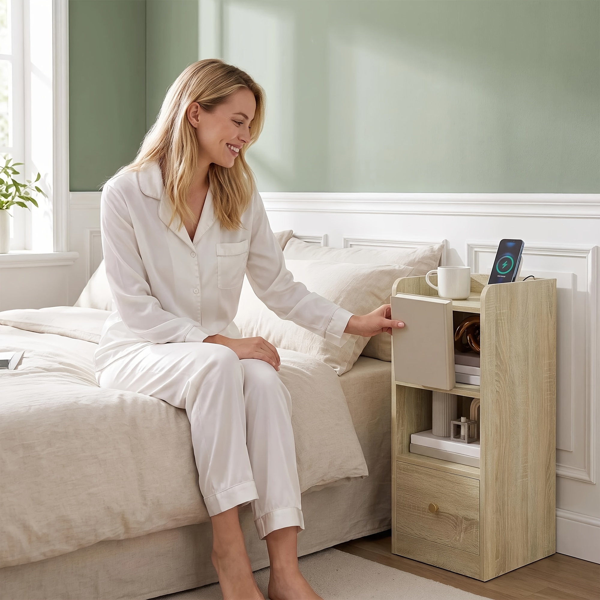Image of Slim Charging Bedside Table, Fits In Bedside , Features Usb + Type-c Charging Socket, 25×39×61cm, Oak Color