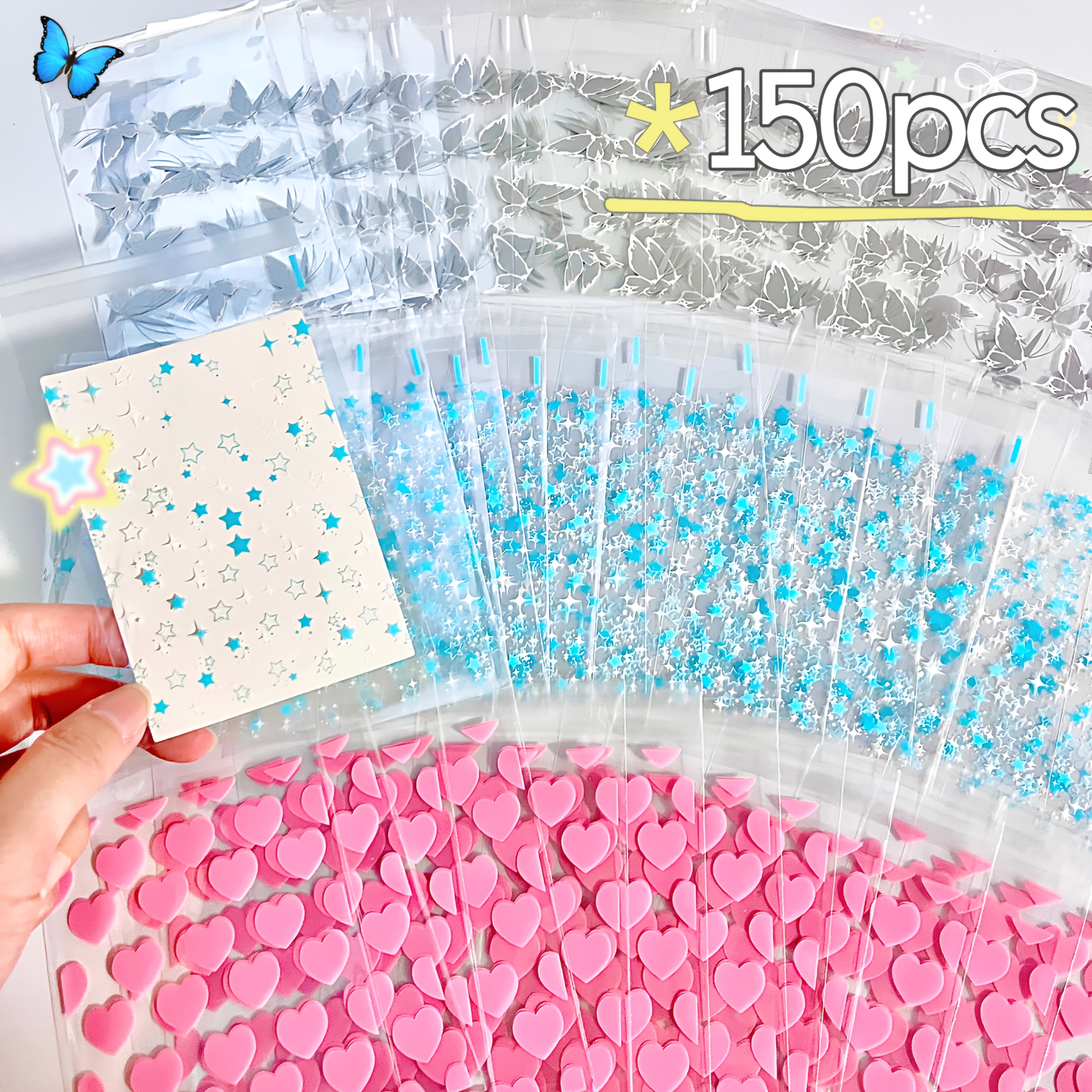 TEMU 150pcs Heart, , Star Cute Plastic Bags, Packing Bags, Opp Self-adhesive Bags, Cartoon Printed Packaging Bags, Small Pouches, Card Packaging Bags