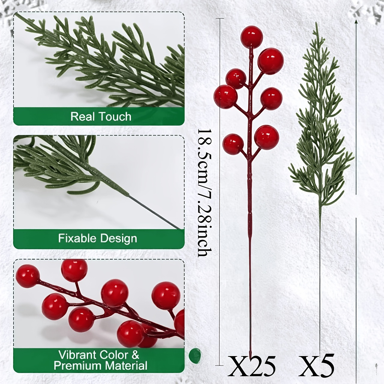 TEMU Set di 30 rami artificiali natalizi (con rosse) - 5 rami e 25 ornamenti di , per realizzare ghirlande natalizie, decorazioni per centrotavola,