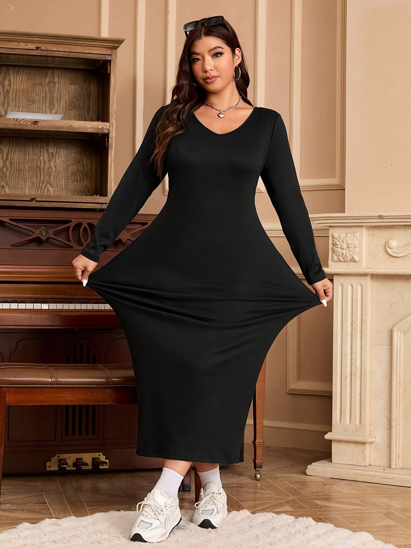 Plus Size - Plus Size - Plus Size Women'S Clothing, Loose, Long-Sleeved  V-Neck Solid Color Long Dress, Suitable for Casual Daily Wear, Autumn And  Winter Women'S Clothing