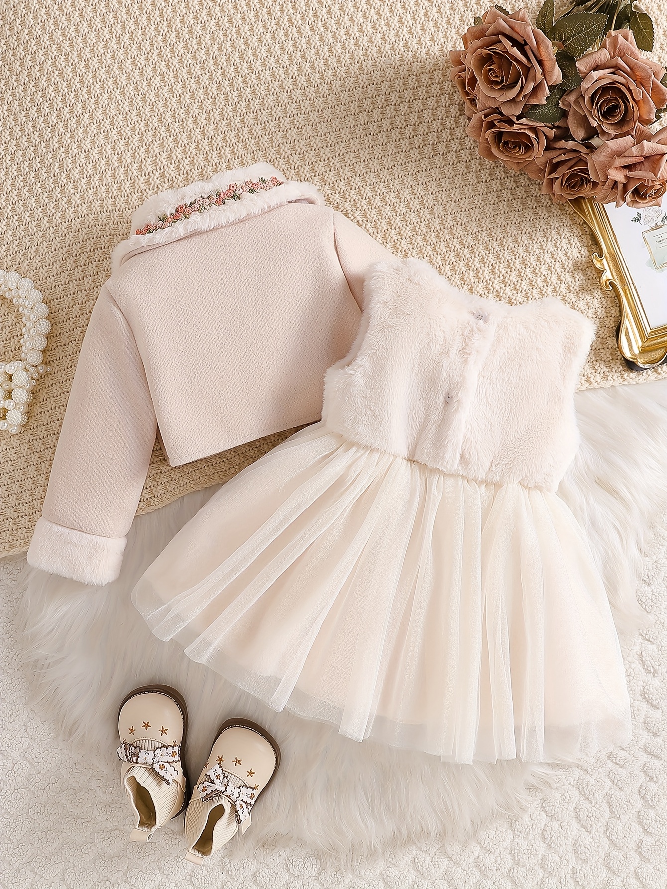 girls eid outfit ramadan dress autumn winter     dress set plush bow delicate dress fashion lace sweet skirt cute and gentle outfit for little princess sweet outdoor wear   outdoor Product details 0