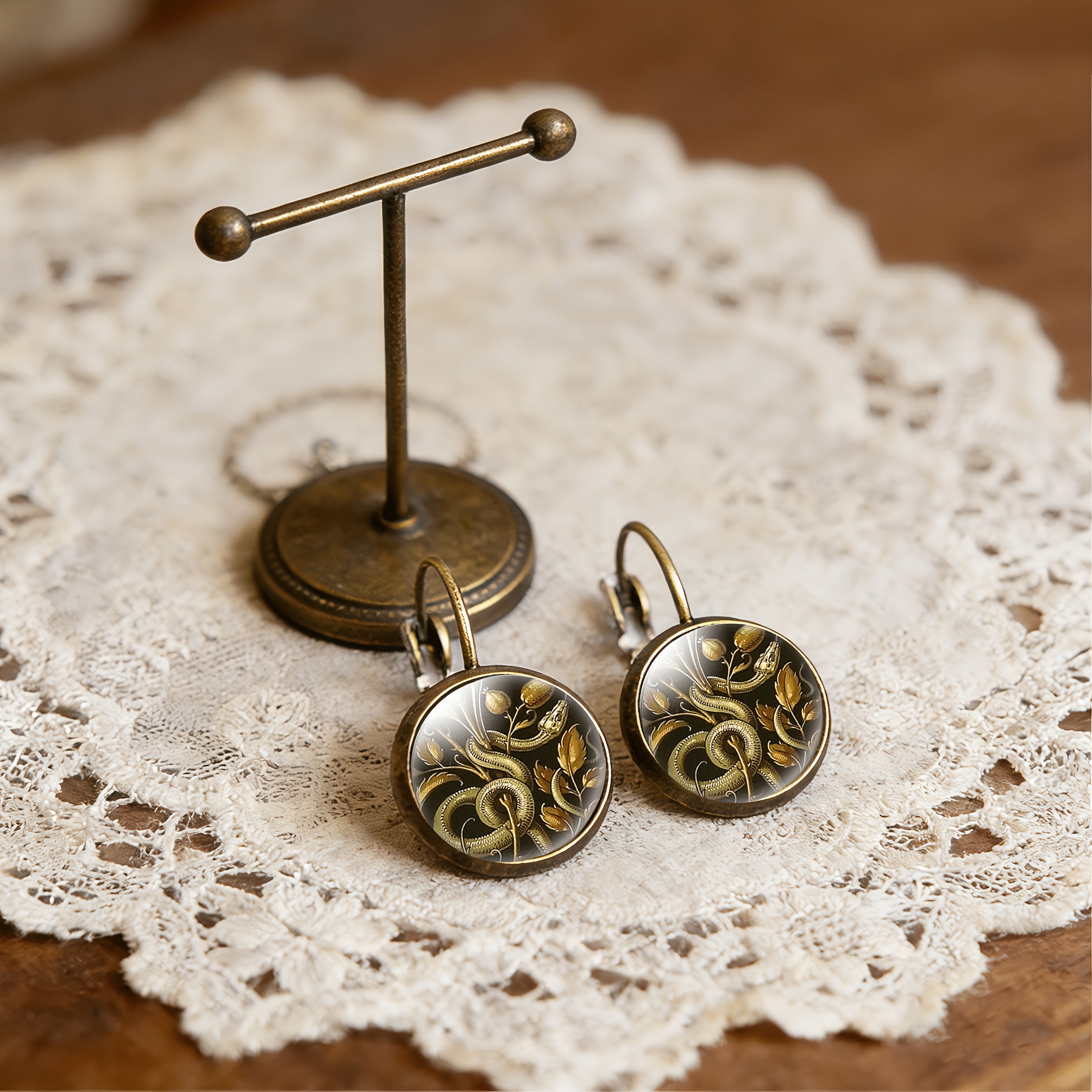 2pcs Cyan Round Classical Earrings with Golden Snake Winding Design