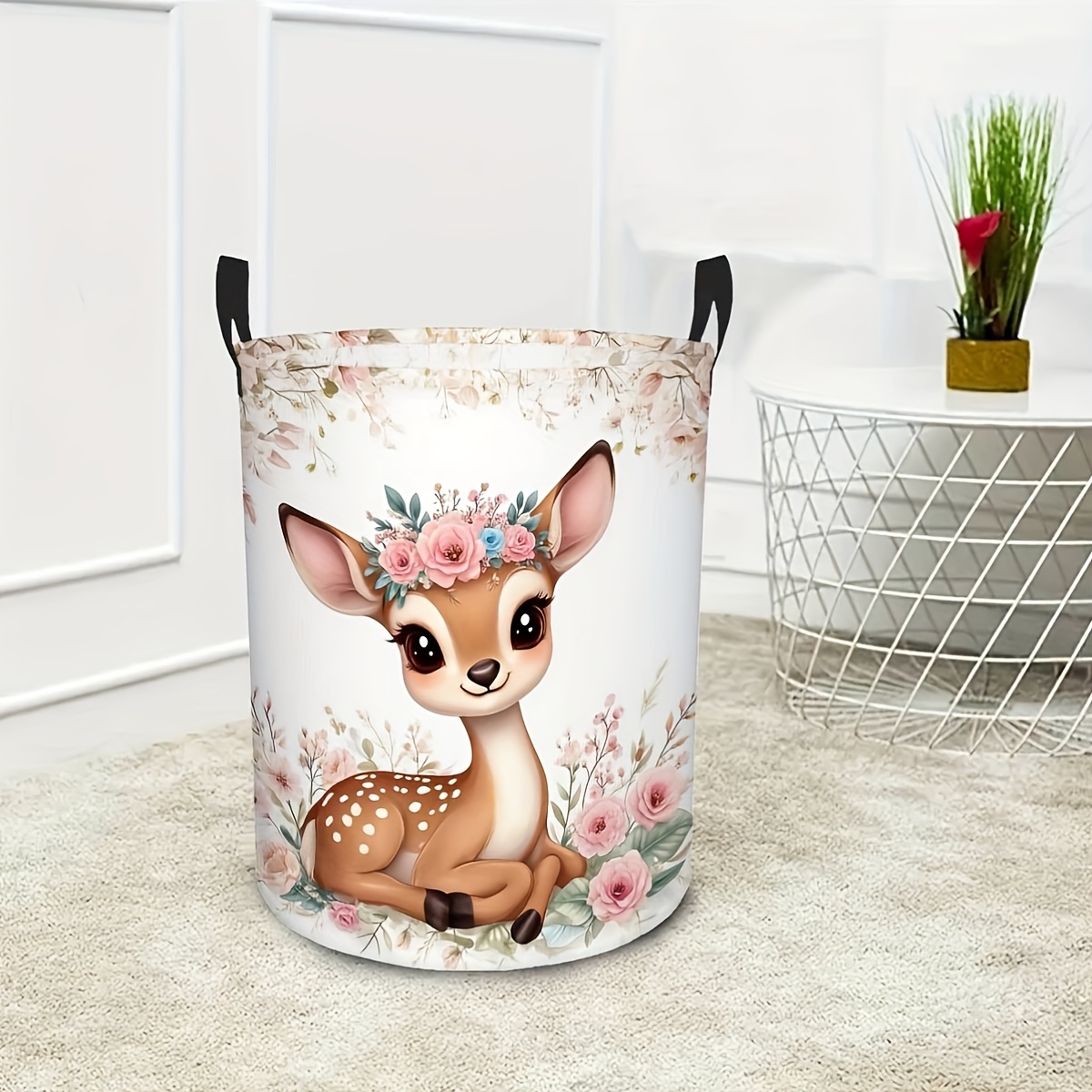 1pc Whimsical Floral Deer Laundry Basket With Handles Cute Round Decorative Storage For Bathroom, Bedroom, Or Laundry Room, , Laundry Room Accessories, Laundry Baskets