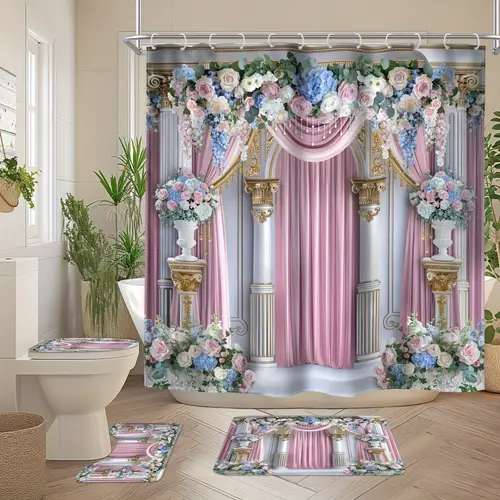 1pc 4pcs pink floral bridal bathroom sets full set vintage flowers luxury eucalyptus pearl golden women modern art 12 hooks shower curtain non slip bath floor mat toilet u shaped mat cover mat bathroom decor and accessories home decor gift