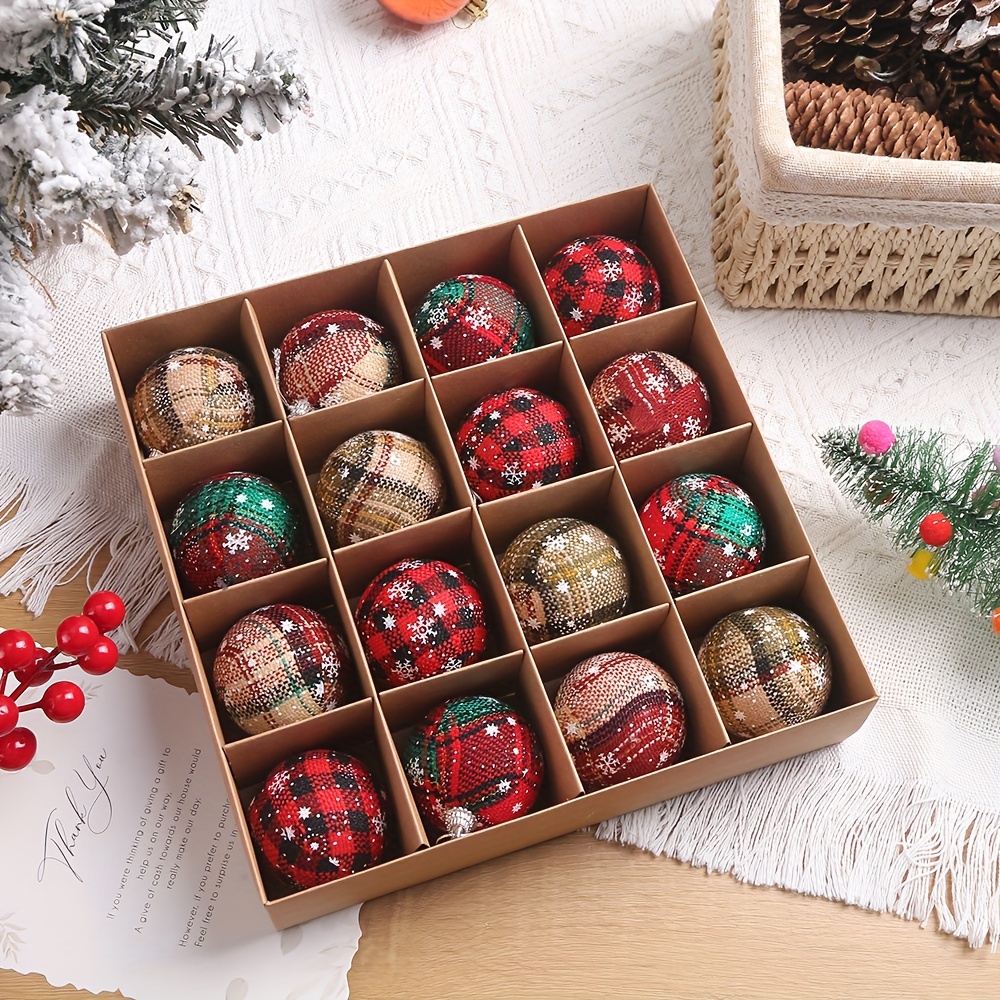 

16-pack Vintage Christmas Ornaments, 2.36-inch Classic Checkered Foam Fabric Balls, Tree Hanging Decor, Holiday Party Supplies For Christmas, Thanksgiving, New Year, No Feather, Home Kitchen Decor