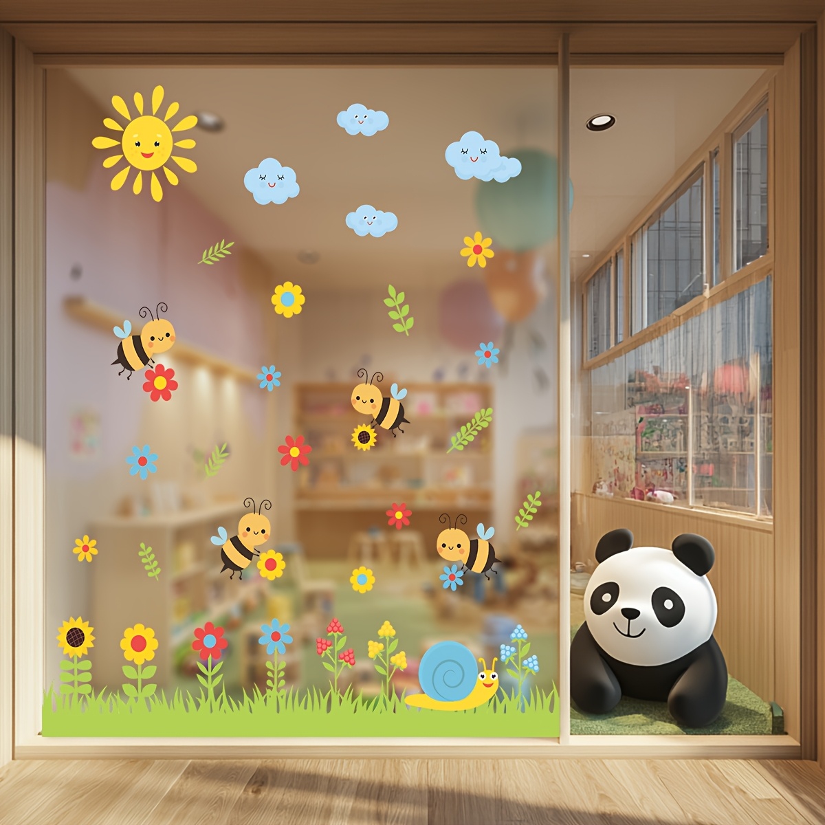 1pc Garden Window Sticker, Green Grass And Flower Wall Decal, Bee Clouds Sun Pattern Window Decoration For Bedroom Living Room Tv Office Home Sticker