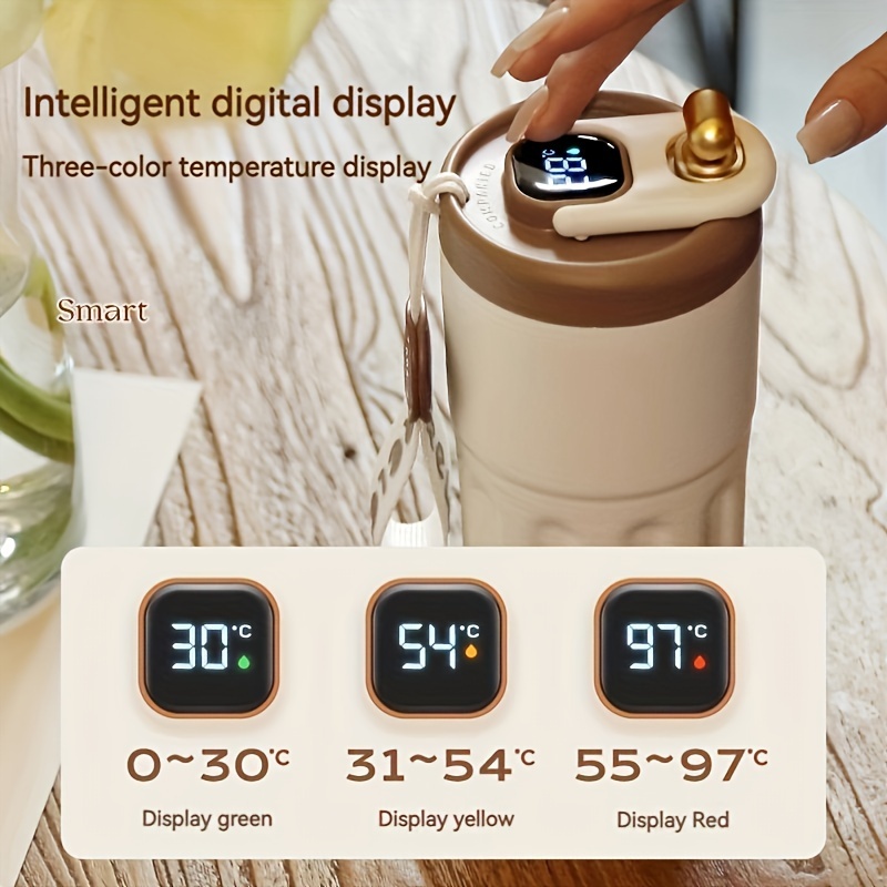 

450ml/15.22oz Stainless Steel Coffee Tumbler With Temperature Display - Vacuum Insulated Travel Mug, Stain Resistant, Gift For Office And Holiday Use - Available In White, Black, Dark Brown