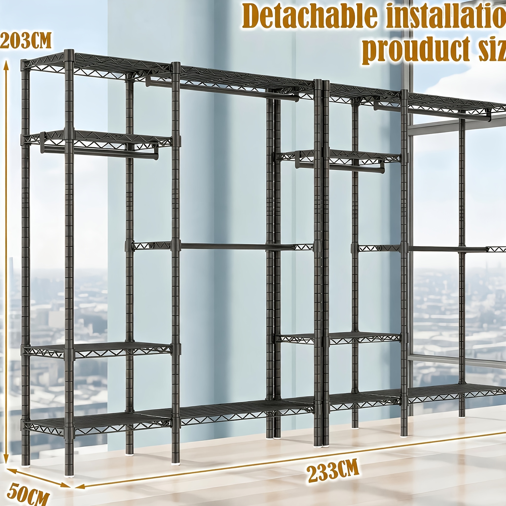 TEMU Extra Wide Clothes Rack Heavy Duty Metal Garment Rack, 233cm Freestanding Clothing Rack Wardrobe Closet Organizer With 6 Hanging Rods & 12 Wire