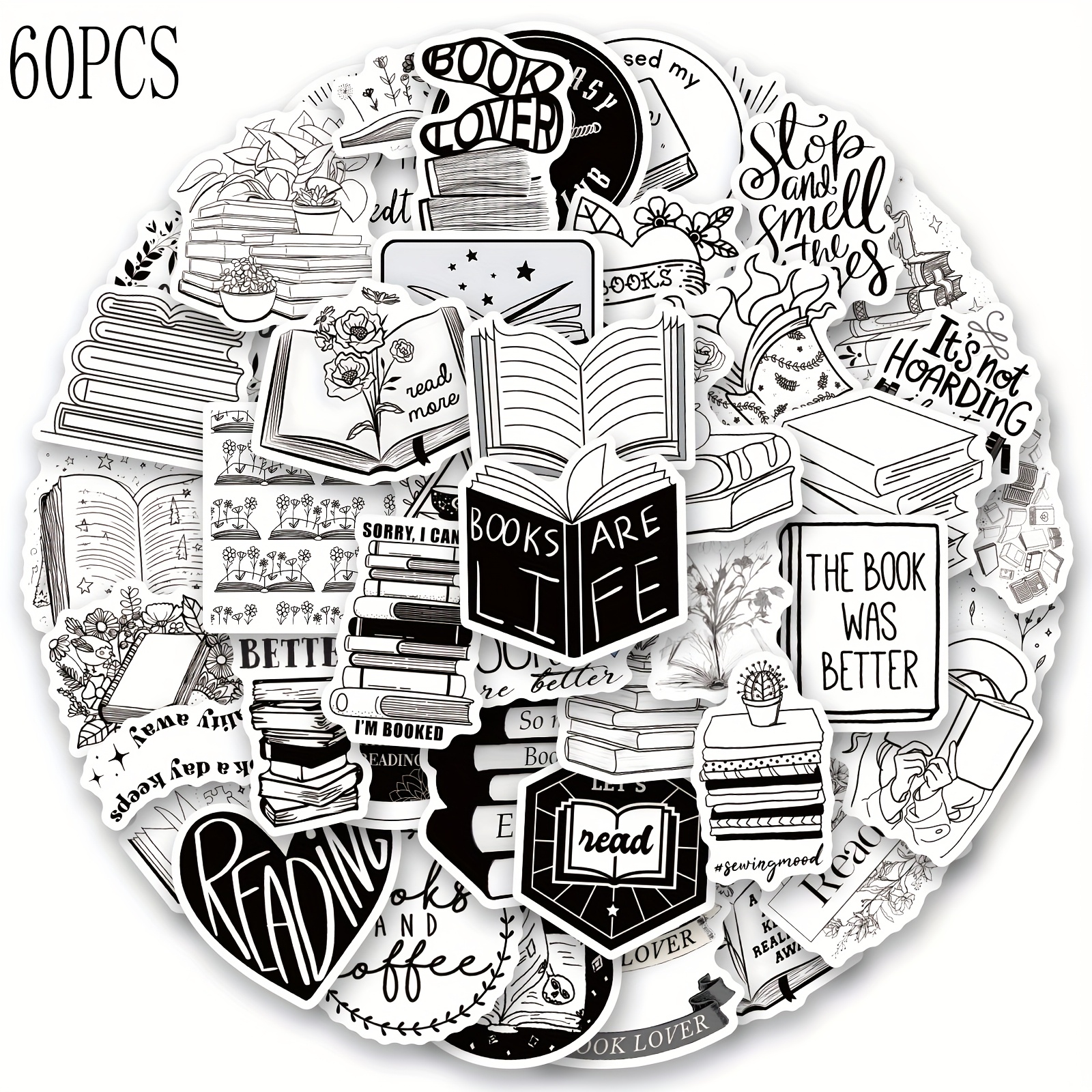Image of 60pcs Black Bookish Stickers Vinyl Aesthetics Book Reading Stickers, , Journaling, Laptop, Bumper, Skateboard, Water Bottles, Computer, Phone, Cartoon, Hard Hat, Car Stickers