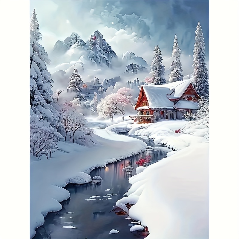 

Snowy Cabin 5d Diamond Painting Kit - Round Diamond Art, Diy Embroidery Stitch For Home Wall Decor, Christmas Gift, 11x15.7 Inches