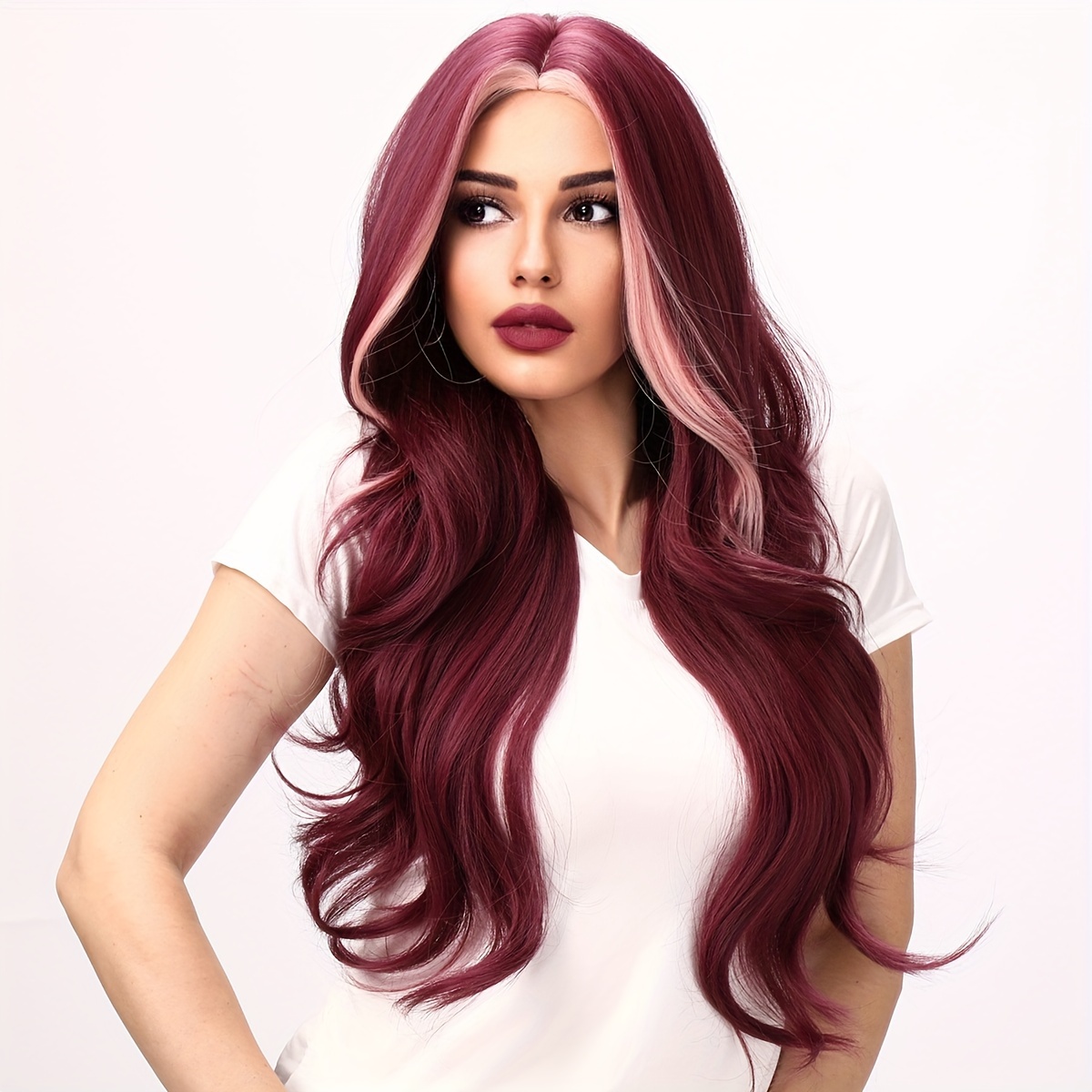 TEMU Body Wave Red Synthetic Fiber Wig, Exotic And Vintage Style, For Occasions, Comfortable And Easy To Care For, 30 Inches