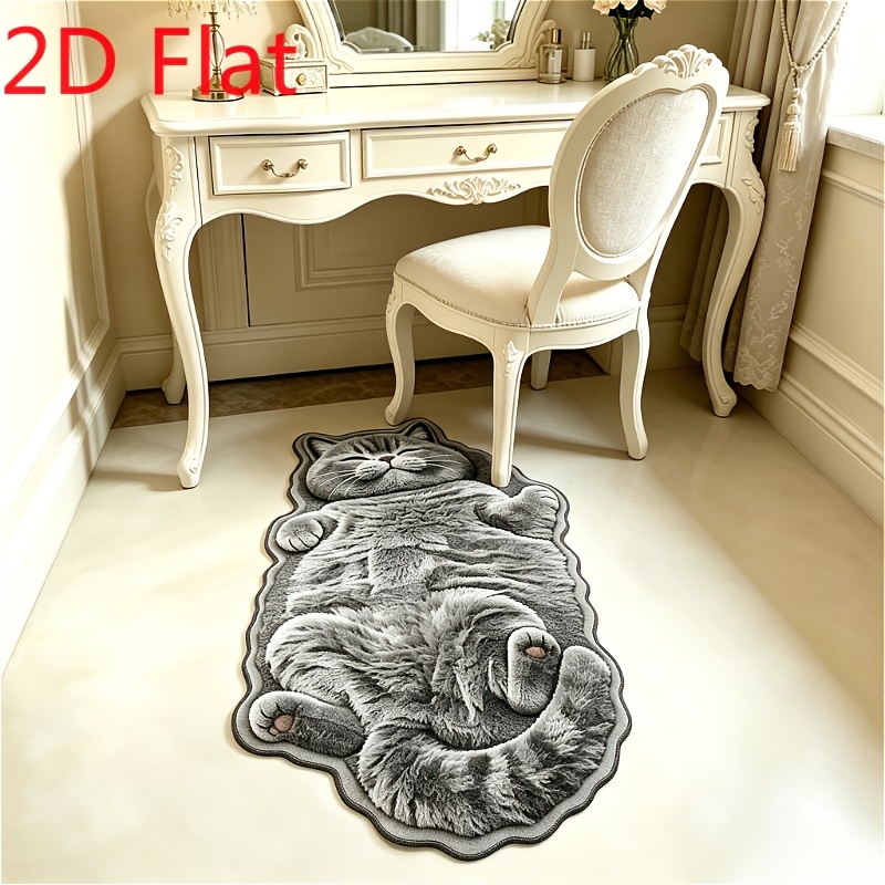 TEMU Velvet 900g+9mm [2d Flat] Thin Plush 3d Effect, Non-long Pile, Cute Simulation Blue Cat Shape Entrance Anti-slip Mat Soft And Cute Flat Gray Cat
