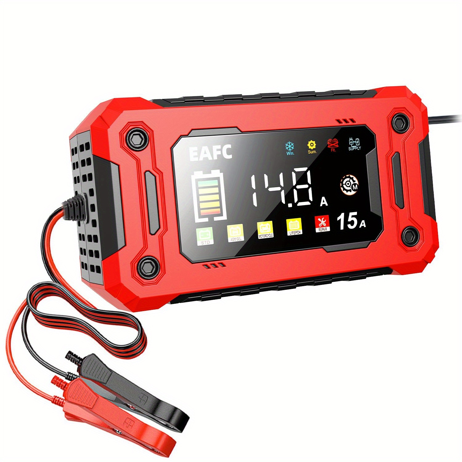 TEMU Eafc 12v 15a Portable Car Battery Charger, Big Size Digital Display Smart Battery Charger, 8-stage Automatic Charging, Start Function For Cars, Motorcycle, Snowmobiles, Suvs, Car , For Drivers