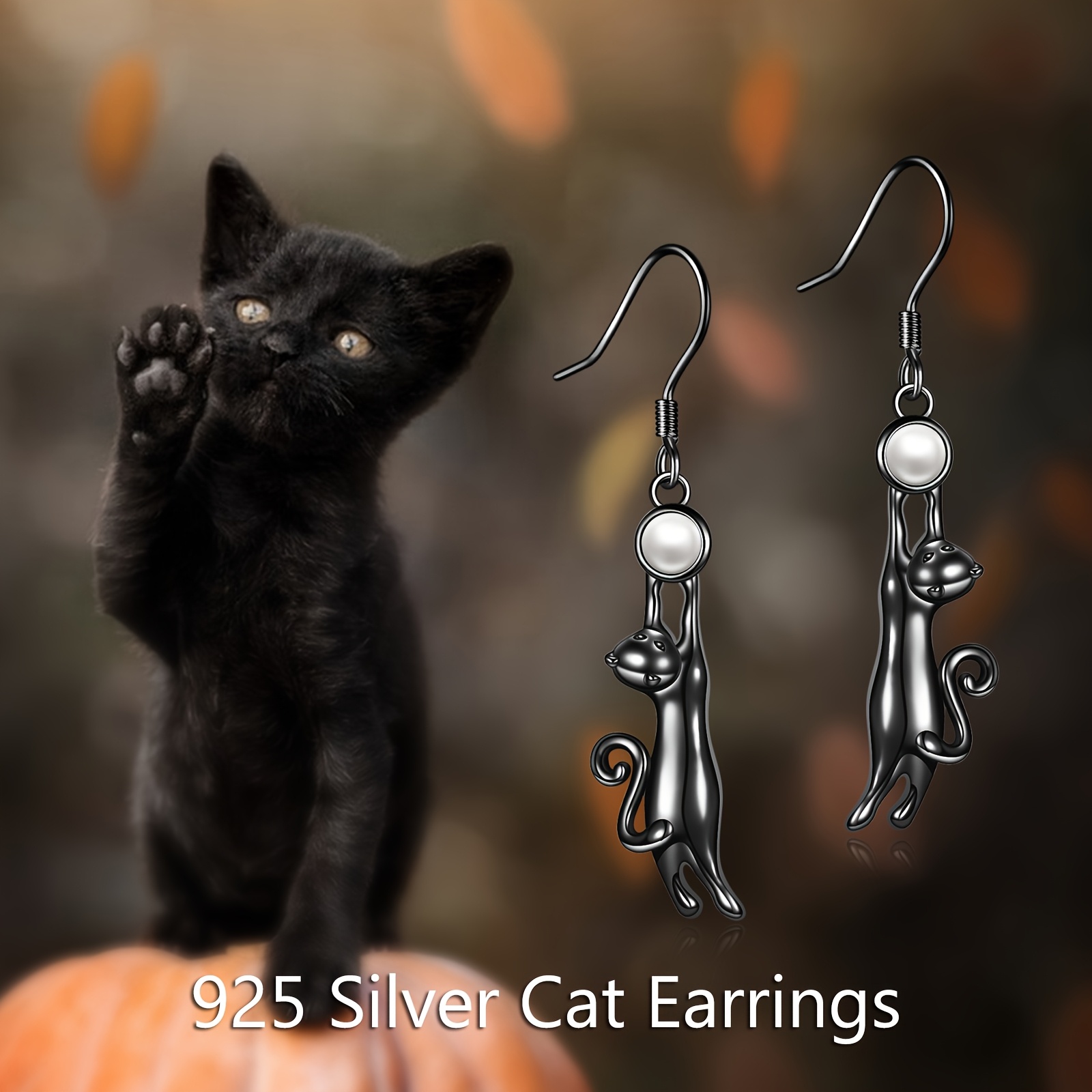 black cat earring for women sterling silvery   pearl cat dangle earrings for women Product details 1