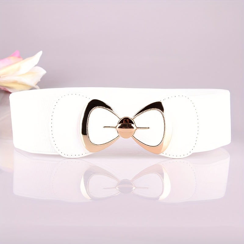 Women&#39;s Elegant Bow Elastic Wide Belt - Adjustable Dress Decorative Belt with Tassel &amp; Cut-Out Details, Golden-Tone Metal Accents, 6 Colors (Black/Red/White/Purple/Lavender/Tan) for Casual, Party, Banquet Occasions