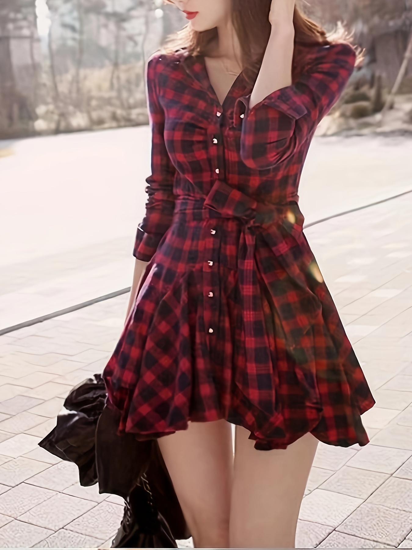 long sleeve red shirt dress | Temu