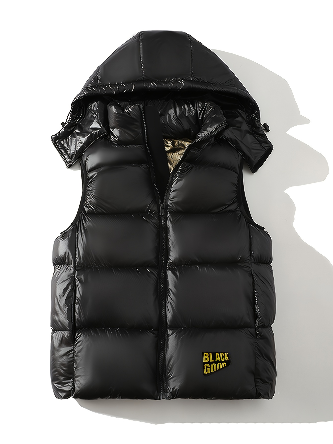A Men's Fashionable Casual Black and Golden Hooded Vest for Autumn/winter. A Men's Padded Coat Vest. An Essential Item for Men, Suitable for Layering or Wearing as an Outer Garment